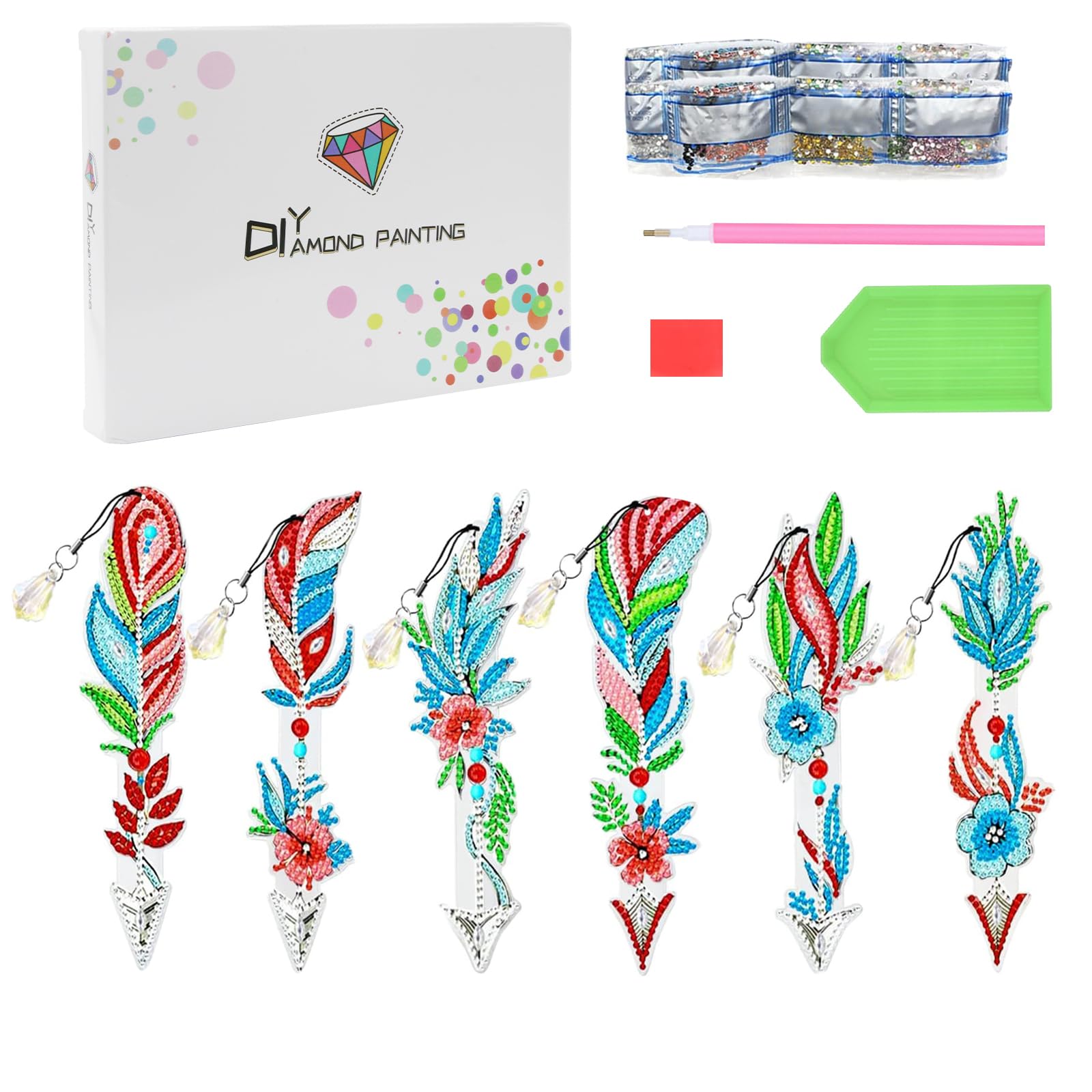Kaizuca 6 Pcs Diamond Painting Bookmark Set, Art Feather Bookmark with Crystal Pendant, Diamond Painting Adults for DIY Craft Gift Set(A) — image 1
