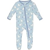 KicKee Welcome Home Zipper Footie – Viscose from Bamboo Baby Pajamas – One-Piece Sleepwear with Anti-Slip Feet & Zip Guard (Spring Sky Stork - 3-6 Months)