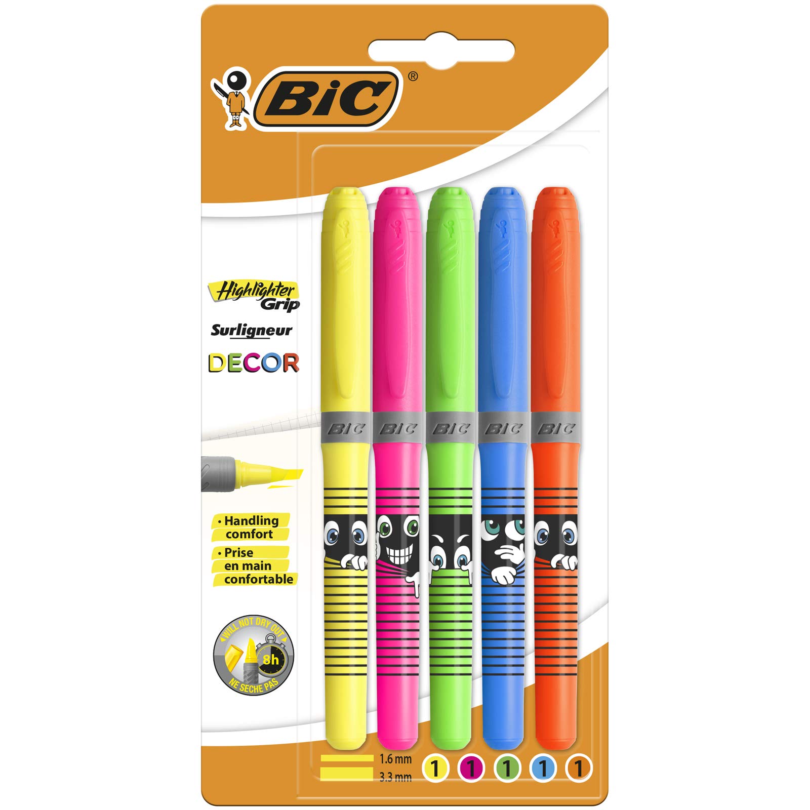 BIC Highlighter Grip Decor Highlighter Pens, Line Width 1.6 to 3.3 mm, with Drying Protection