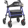 HOMLAND Walkers for Seniors with Seat, Foldable Rollator Walker, Reinforced Aluminum Frame, 8" Big Rubber Wheels for All Terrain, Height Adjustable Lightweight Rolling Walker