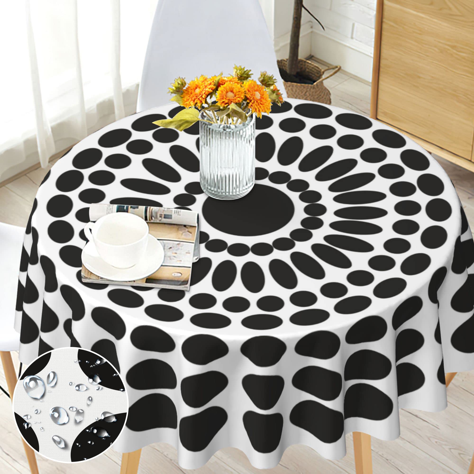 Round Tablecloth Wipe Clean 150cm - Black and White Dot Pattern - Wipeable Circular Table Cloth Waterproof Stain-Resistant Polyester Table Cover for 4-6 Seater Dining Kitchen Patio Garden Outdoor
