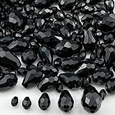 Xinhongo 340pcs Teardrop Crystal Glass Beads 3x5mm 4x6mm 6x8mm 8x12mm 10x15mm Vertical Hole Faceted Glass Spacer Beads for Necklace Bracelet Earrings DIY Jewelry Crafts(Black)