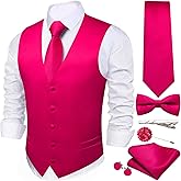 WSHOWY Men's Vest Tie Set Bow Tie Satin V-Neck Solid Colors Suit Waistcoat Cufflinks hanky Formal Wedding Business Tuxedo
