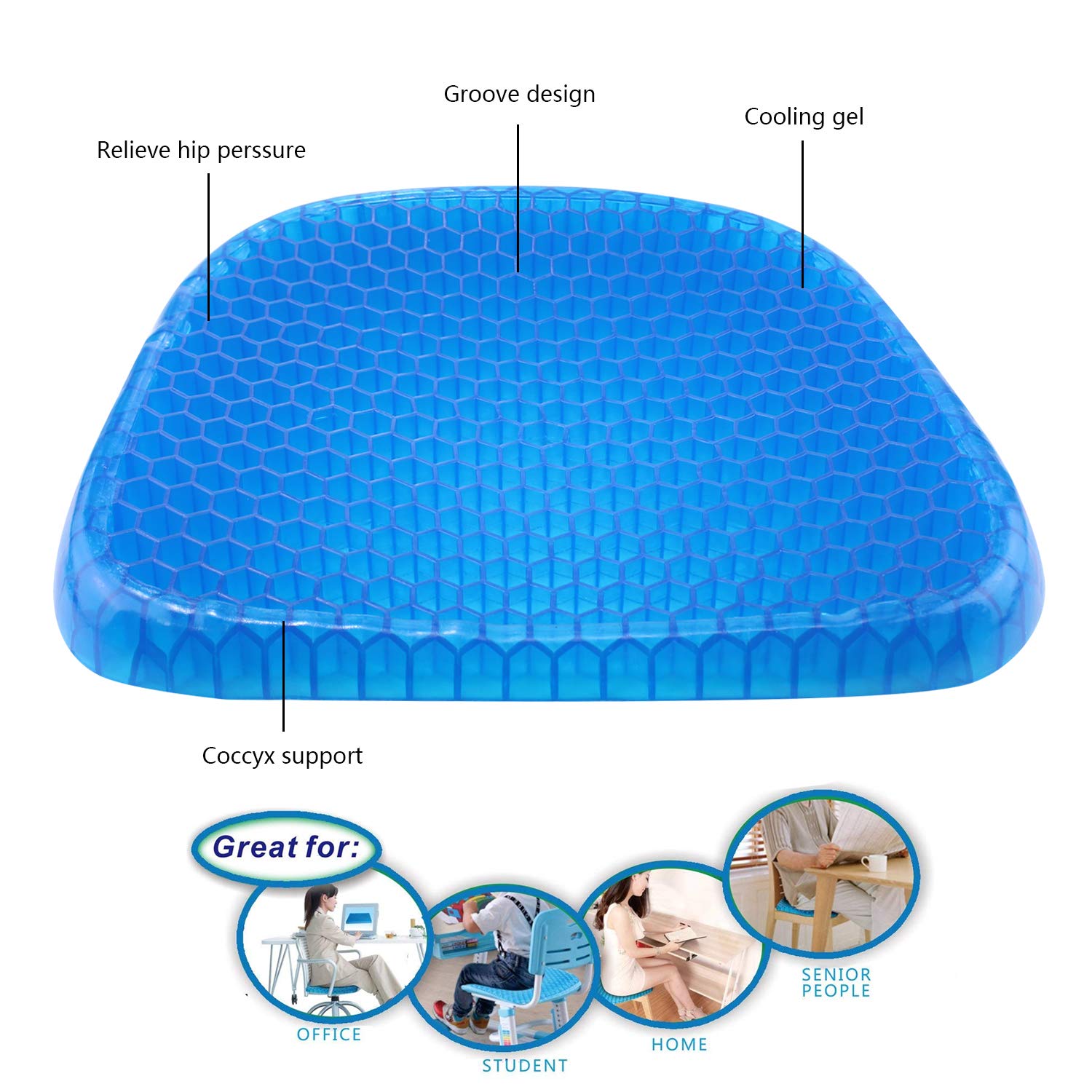 Premewish Gel Seat Cushion Breathable Pain Relief Seat Cushion with Non-Slip Cover Advanced Elastic Cool Gel Seat Cushion Honeycomb Designed Soft Gel Pad for Office Chair Wheelchair (S/37X34.5X3CM)