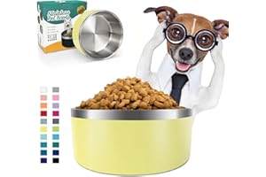 IKITCHEN Dog Bowl for Food and Water, 64 Oz Stainless Steel Pet Feeding Bowl, Durable Non-Skid Insulated Heavy Duty with Rubber Bottom for Medium Large Sized Dogs (64 Ounces/8 Cup, Yellow)