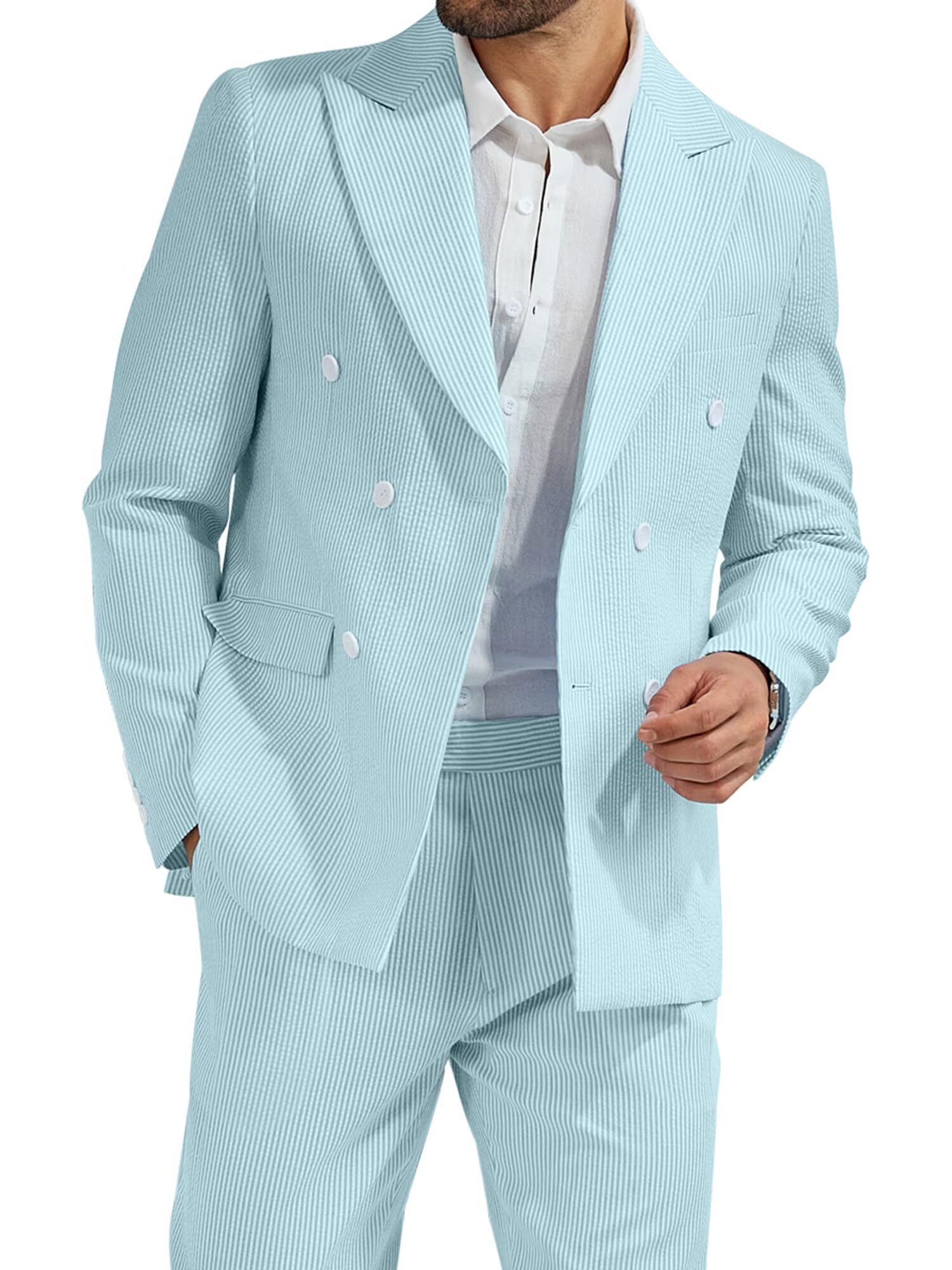 Photo 1 of High-End Suits Men's Seersucker Suits 2 Piece Casual Summer Beach Wedding Prom Suit Aqua Seersucker Blazer Pants Set XXL