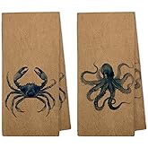 XBBMGG Vintage Coastal Kitchen Towels Set of 2, Summer Beach Blue Crab Octopus Decor Dish Hand Tea Towels, Nautical Gifts for Women Decorative Towel for Kitchen Bathroom, 16x24 Inch