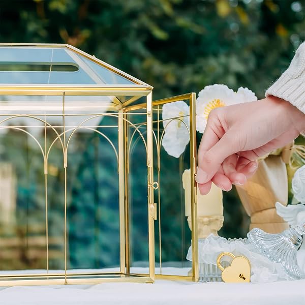 NCYP GLASS CARDS BOX WITH SLOT AND LOCK FOR WEDDING – 12.6″ X 5.9″ X 9″ GEOMETRIC VINTAGE ENVELOPS WISHWELL CARD HOLDER – TABLETOP RECEPTION, BIRTHDAY PARTY DECOR, GOLD (GLASS BOX ONLY)