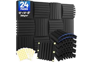 Focusound 24 Pack Curved Acoustic Foam Panels 3" x 12" x 12" Sound Proof Foam Panels Soundproofing Noise Cancelling Wedge Panels for Home Office Recoding Studio with 150 PCS Double-Side Adhesive