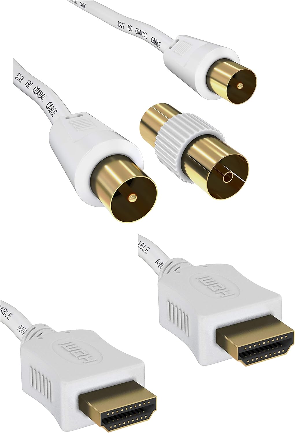 ConnectingU White 2 Cable Kit. 5m HDMI Cable Male to Male with Ethernet bundled with a 5m TV Aerial Cable Male to Male with Female to Female Coupler