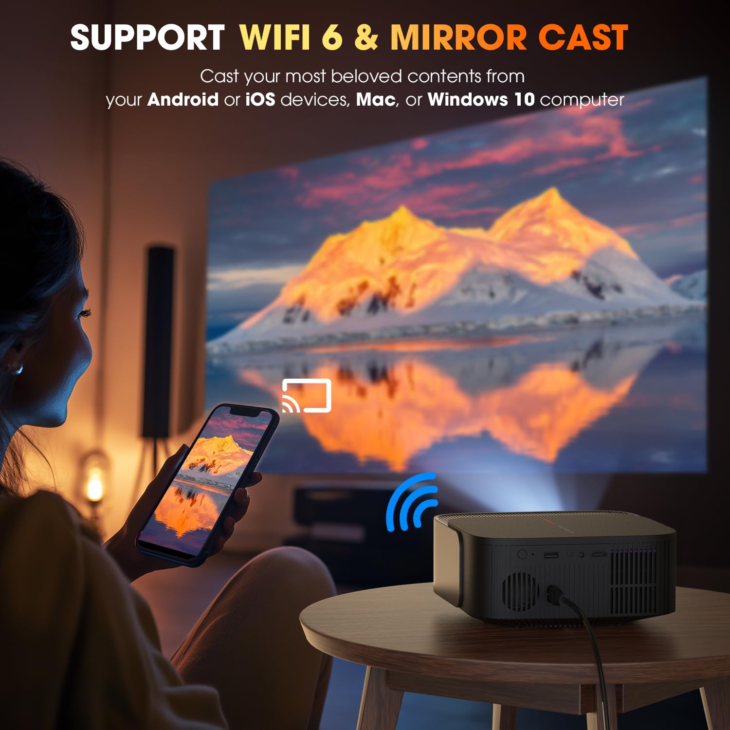 [386+ Built-in Apps] DBPOWER E2 Smart Projector with WiFi and Bluetooth, Native 1080P Mini Projector Compatible with Netflix, Youtube, Disney+, Hulu, Max & Crunchyroll, Electric Focus & Carry Case