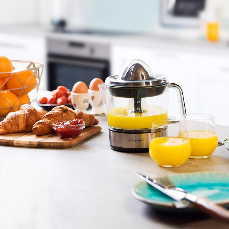 Bestron espremedor elétrico de frutas cítricas e laranja, incl. 2 cones espremedor e tampa aromática, motor com dois sentidos de rotação (esquerda/direita), capacidade: 0,7 litros, 40 watts, cor: prata