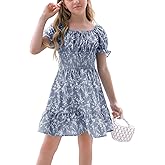 Goranbon Girls' Summer Floral Dress Kids 2025 Puff Sleeve Square Neck Smocked Flowy Sun Dresses
