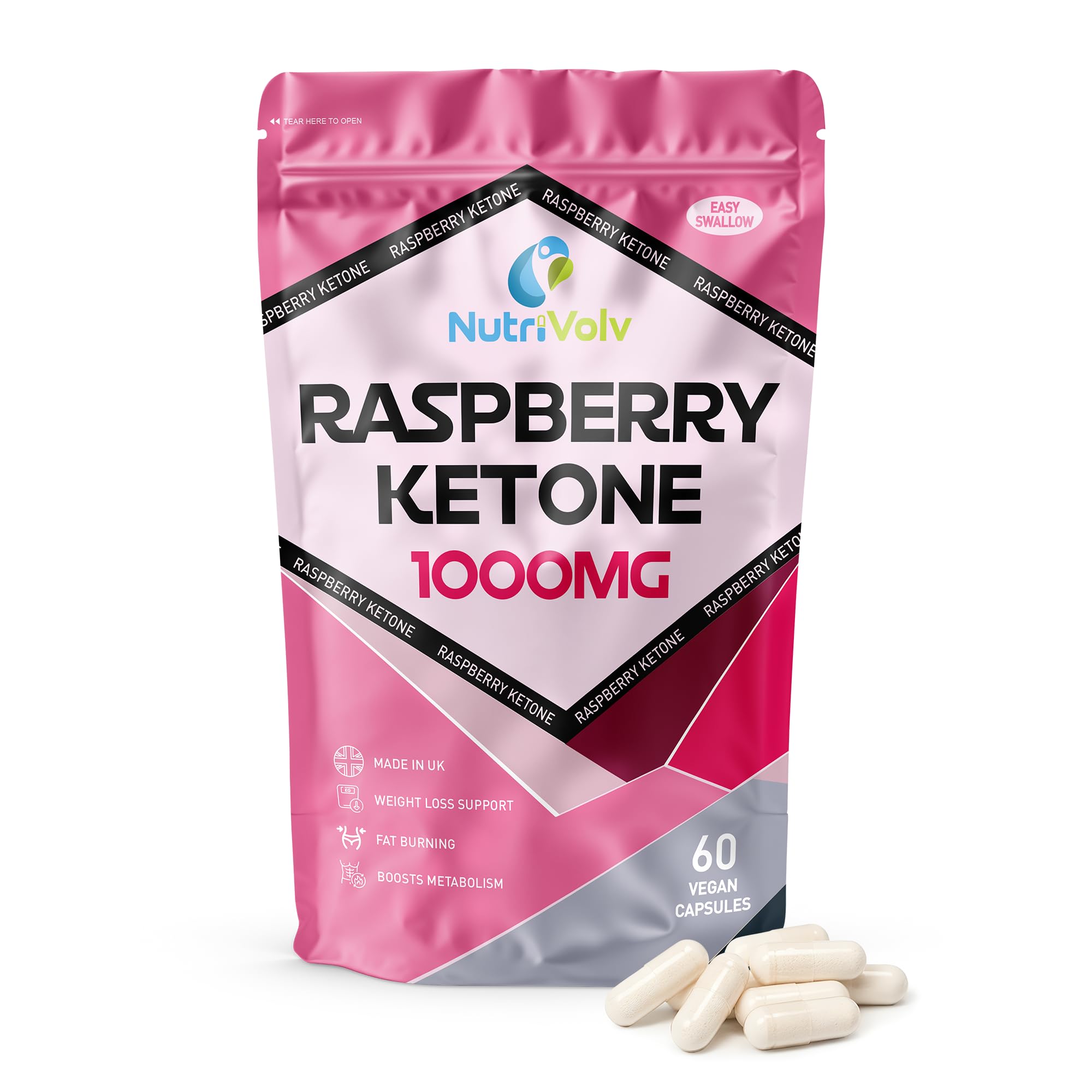 NutriVolv Raspberry Ketones 1000mg per Serving | Natural Weight Loss Supplement | Boosts Metabolism & Energy | Fat Burner & Appetite Suppressant | 60 Vegan Capsules
