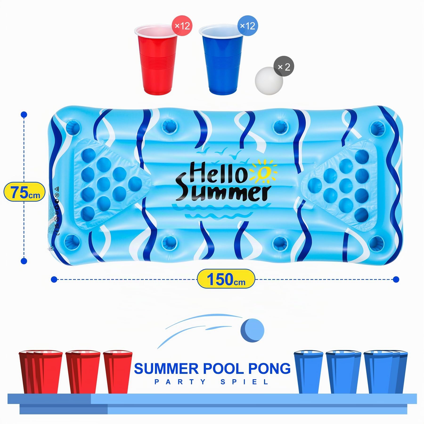 Popolic Pool Pong Game 150x75cm - Aufblasbare Luftmatratze mit Getränkehalter für Pool, Inklusive 24 Bechern und 2 Bällen, Schwimmring Erwachsene für Wasserspaß im Sommer 5