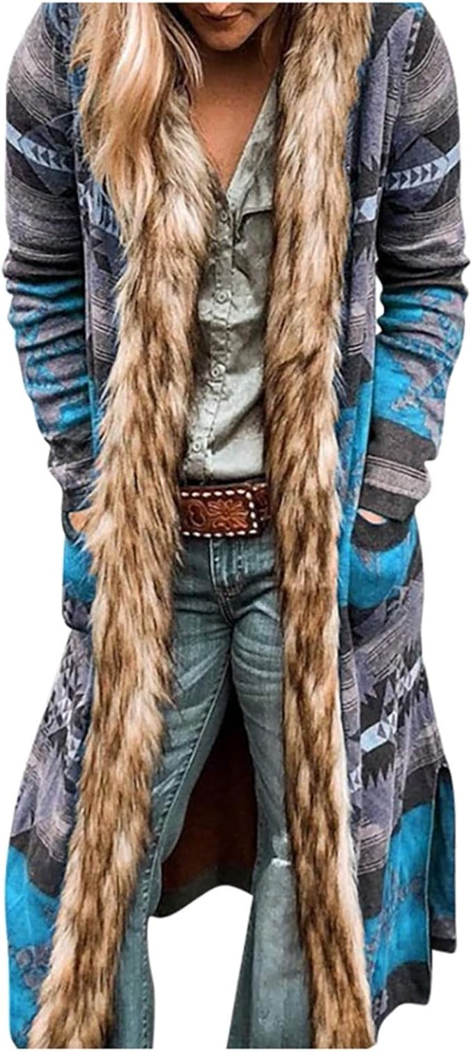 ethnic printed faux fur hooded fleece autumn winter coat