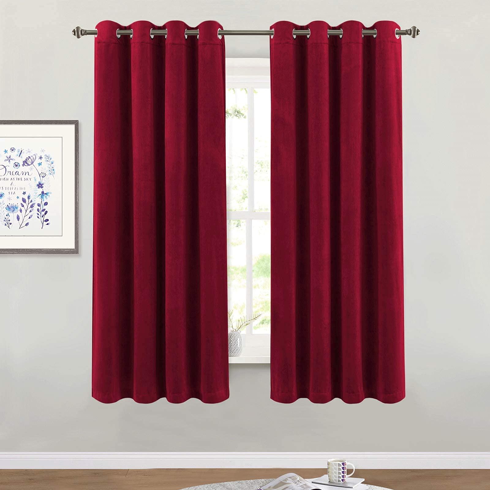 StangH Red Velvet Curtains Short - Super Soft Thick Velvet Texture Drapes Room Darkening Window Treatment Set Soundproof Privacy Panel Blinds, Wide 52" by Long 63", Double Panels