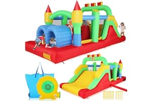 Whubefy Inflatable Bounce House Obstacle Course for Big Kids 3-6 8-12 with Large Slide, Racing Crawl Tunnels, Giant Bouncy Castle with 680W Blower for Backyard Outdoor 18.0x8.2x6.6 ft