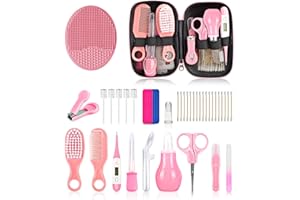 UHFI Baby Grooming and Healthcare Kit, Portable Baby Safety Care Set with Hair Brush Comb Nail Clipper Nasal Aspirator for Nursery Newborn Infant Girl Boy (25 in 1 Pink)