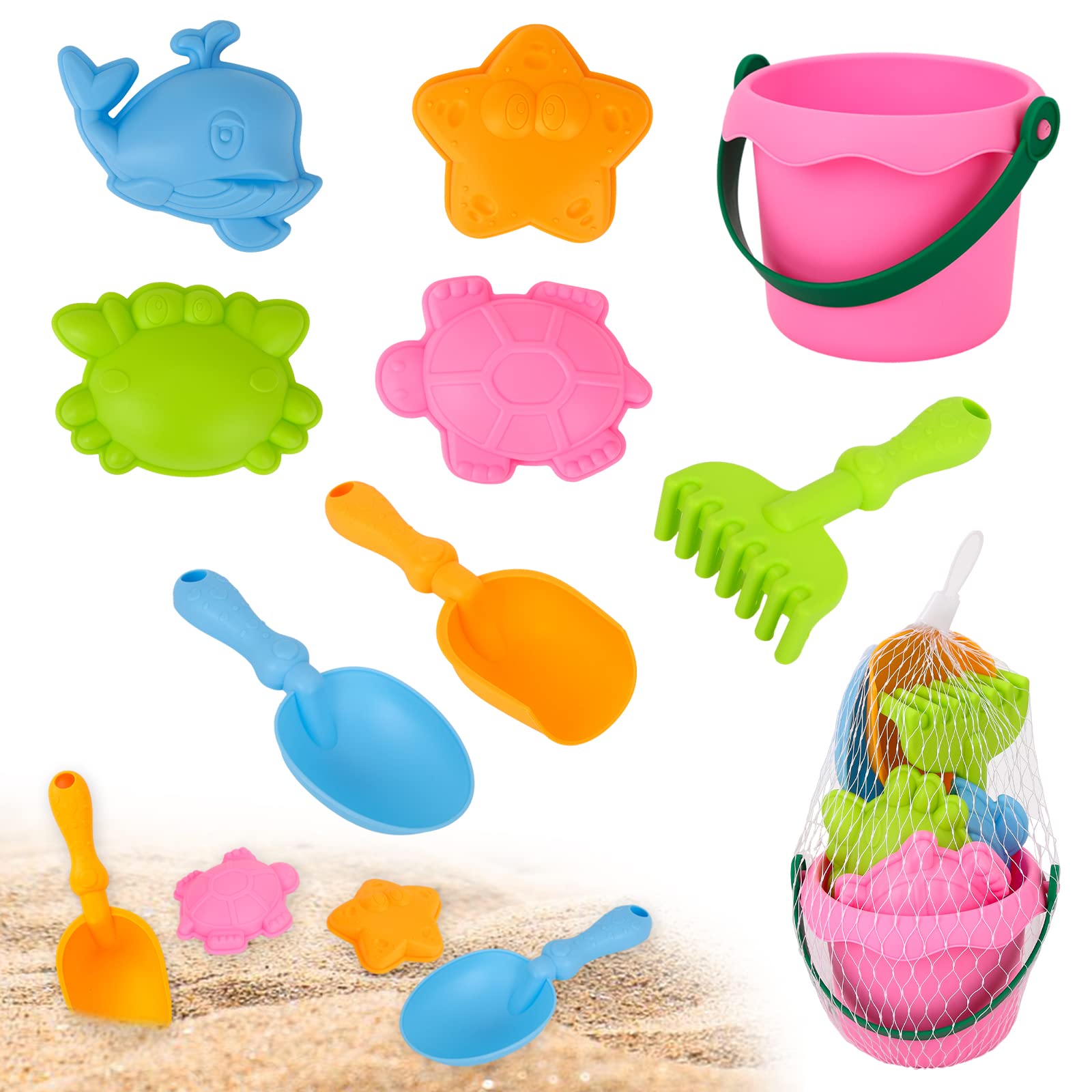 Gukasxi Beach Toys Set for Kids, 8 Pcs Kids Sand Bucket with Bucket, Shovels and Sea Animal Soft Molds, Outdoor Fun Tools Toddler Children Boys Girls, Pit, Pink (Sandspielzeug 8)