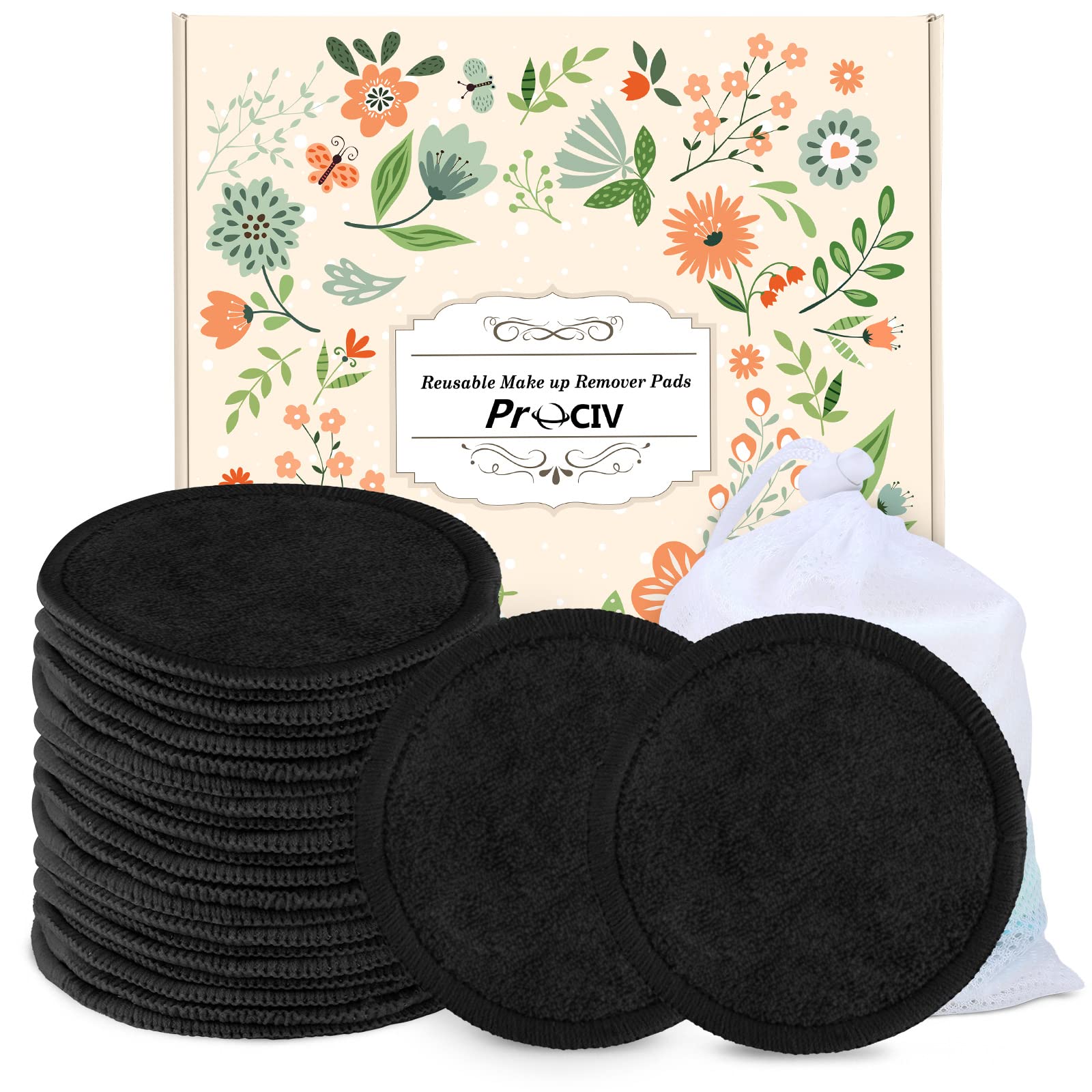 ProCIV Reusable Makeup Remover Pads - 25 Pack Washable Organic Cotton Rounds for All Skin Types & Toner with Laundry Bag, Eco Friendly Zero Waste Reusable Cotton Pads Travel Gadgets (Black)