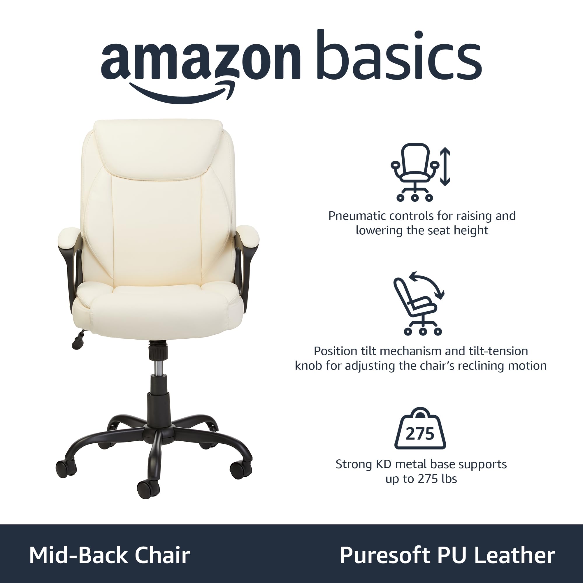 Amazon Basics Silla de escritorio clásica de PU Puresoft acolchada con respaldo medio, altura ajustable para computadora de oficina con reposabrazos, 26 pulgadas de profundidad x 23.75 pulgadas de ancho x 42 pulgadas de alto, color crema