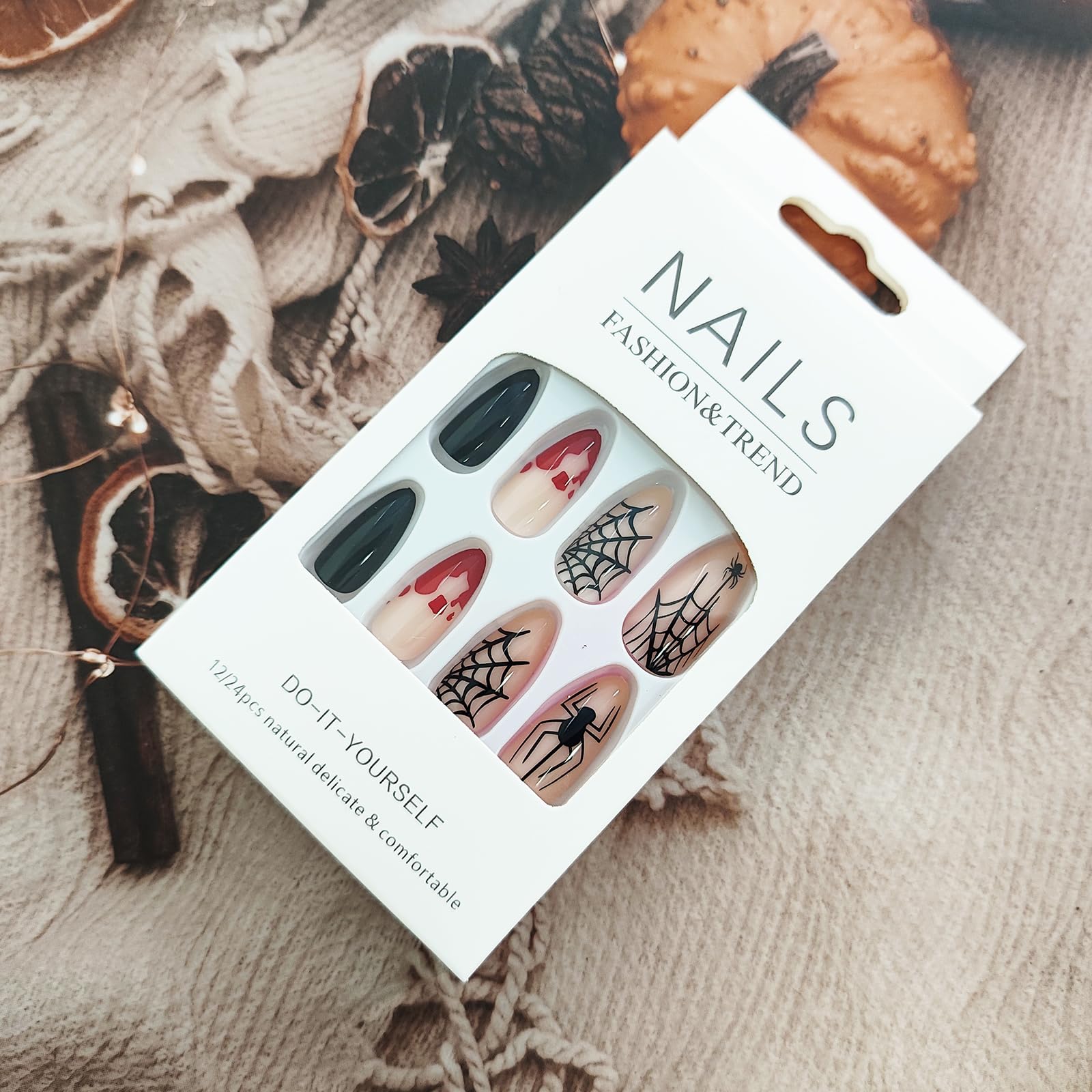 KKUUOO Halloween Press on Nails,Medium Almond Fake Nails Spider & Spider Web Acrylic Nails with Blood Drop Design Full Cover Glossy False Nails Stick on Nails Jelly Press on Nails for Women Girl 24Pcs - Image 4