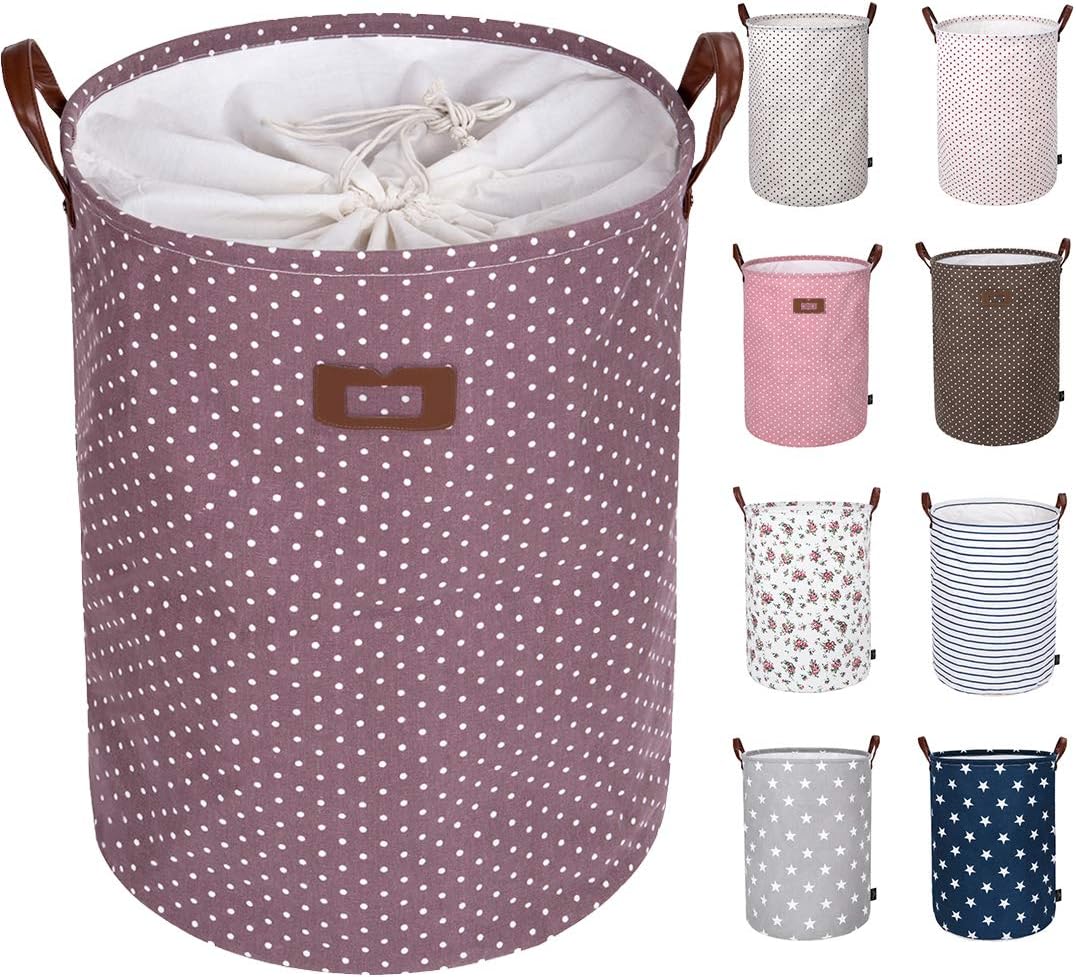 DOKEHOM 19-Inches Freestanding Laundry Basket with Lid, Collapsible Large Drawstring Clothes Hamper Storage with Handle (Purple, L)