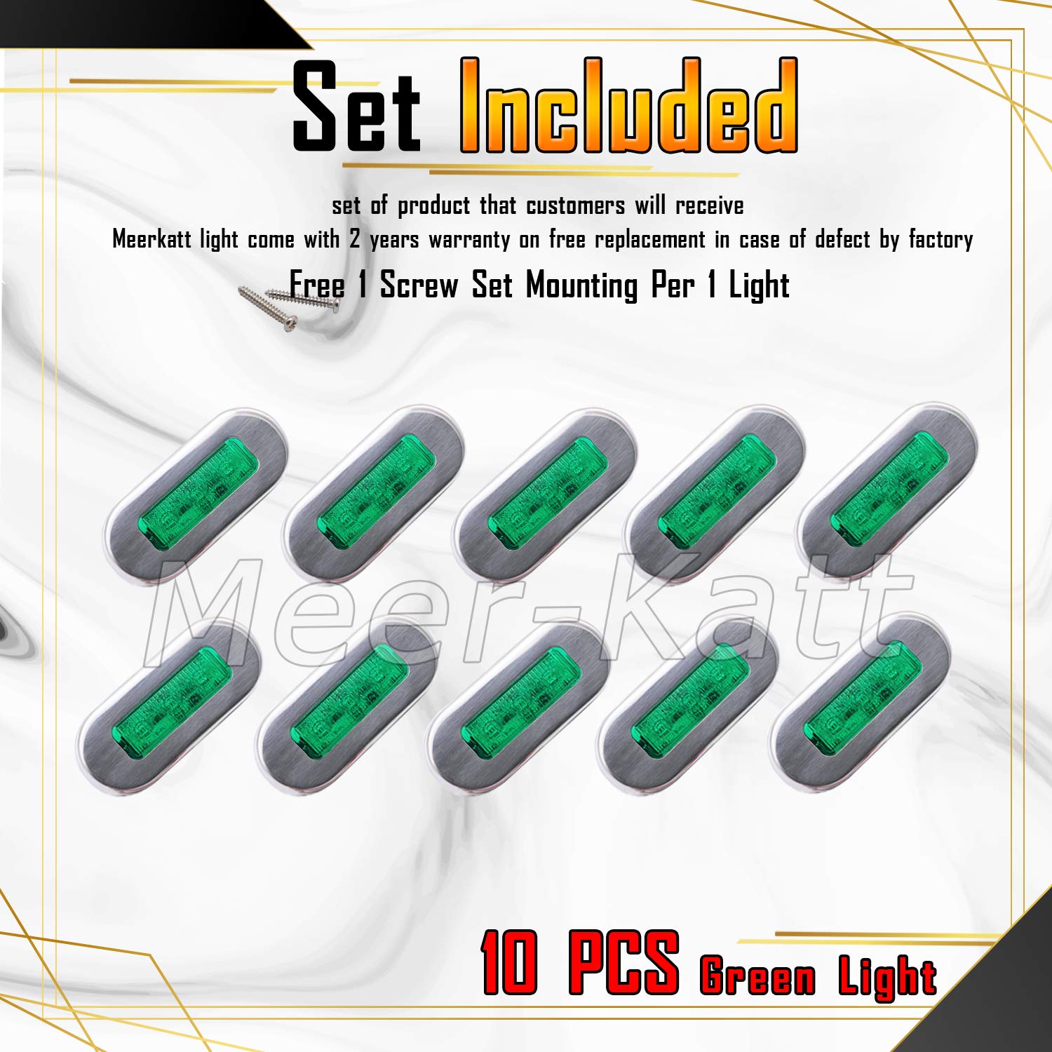 Meerkatt (Pack of 10) 3 Inch Oblong Amber LED Marine Courtesy Light Sealed Flush Mount Clearance Lamp for Yacht Stair Deck Garden Boat RV Cabin Truck Waterproof 12V DC with Chrome Stainless Bezel UV12