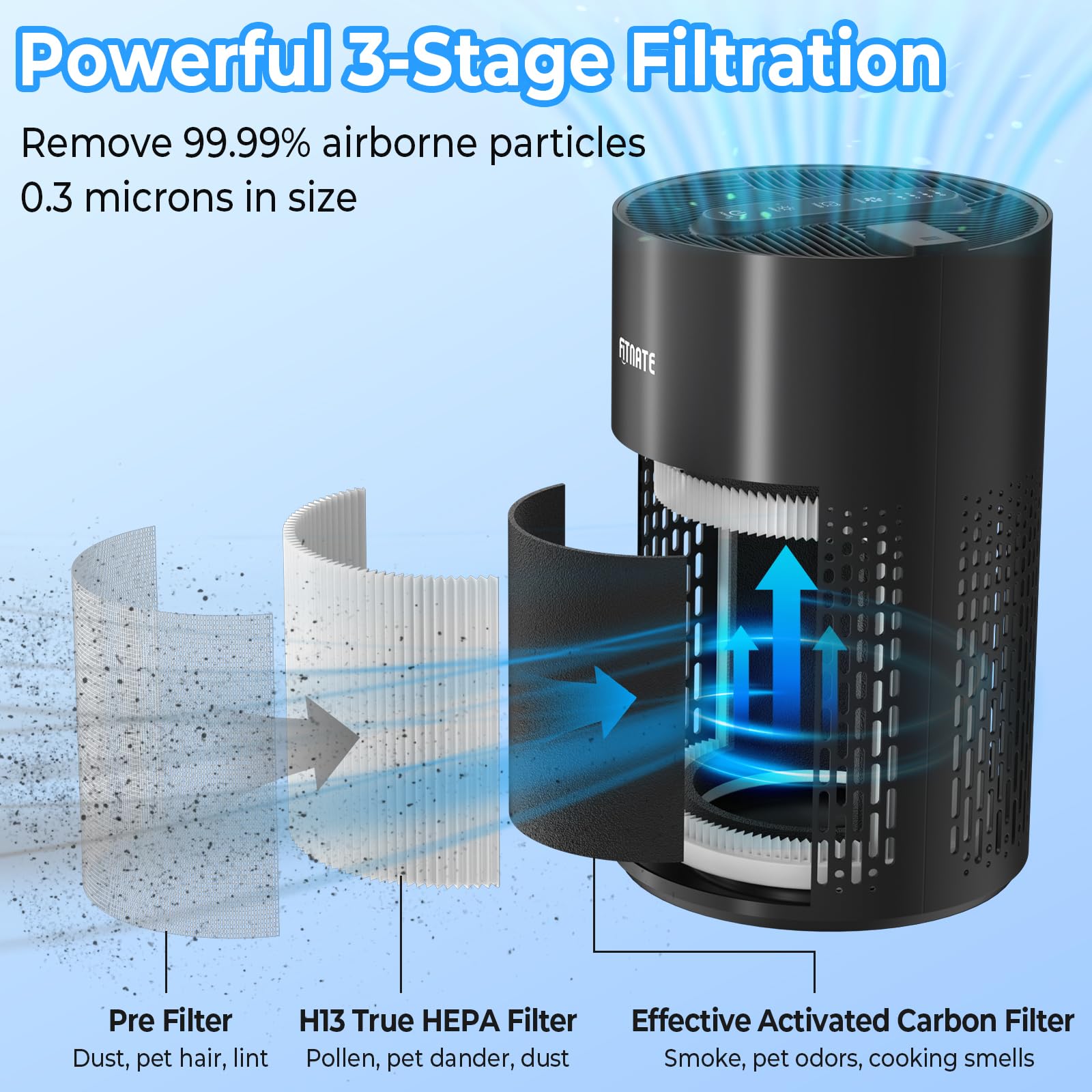 FITNATE Air Purifiers for Home Large Room Up to 1076 Ft² with Aromatherapy, H13 True HEPA Air Purifier for Pets, Quiet Air Cleaner for Smoke Dust Pollen Pet Dander Odor, with Night Light,Timer, Black