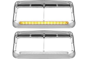 Partsam 2x Headlight Bezels Chrome w/Visor 12" Clear/Amber LED Light Strip Replacement for 4x6 Lights Kenworth T400 T600 T800
