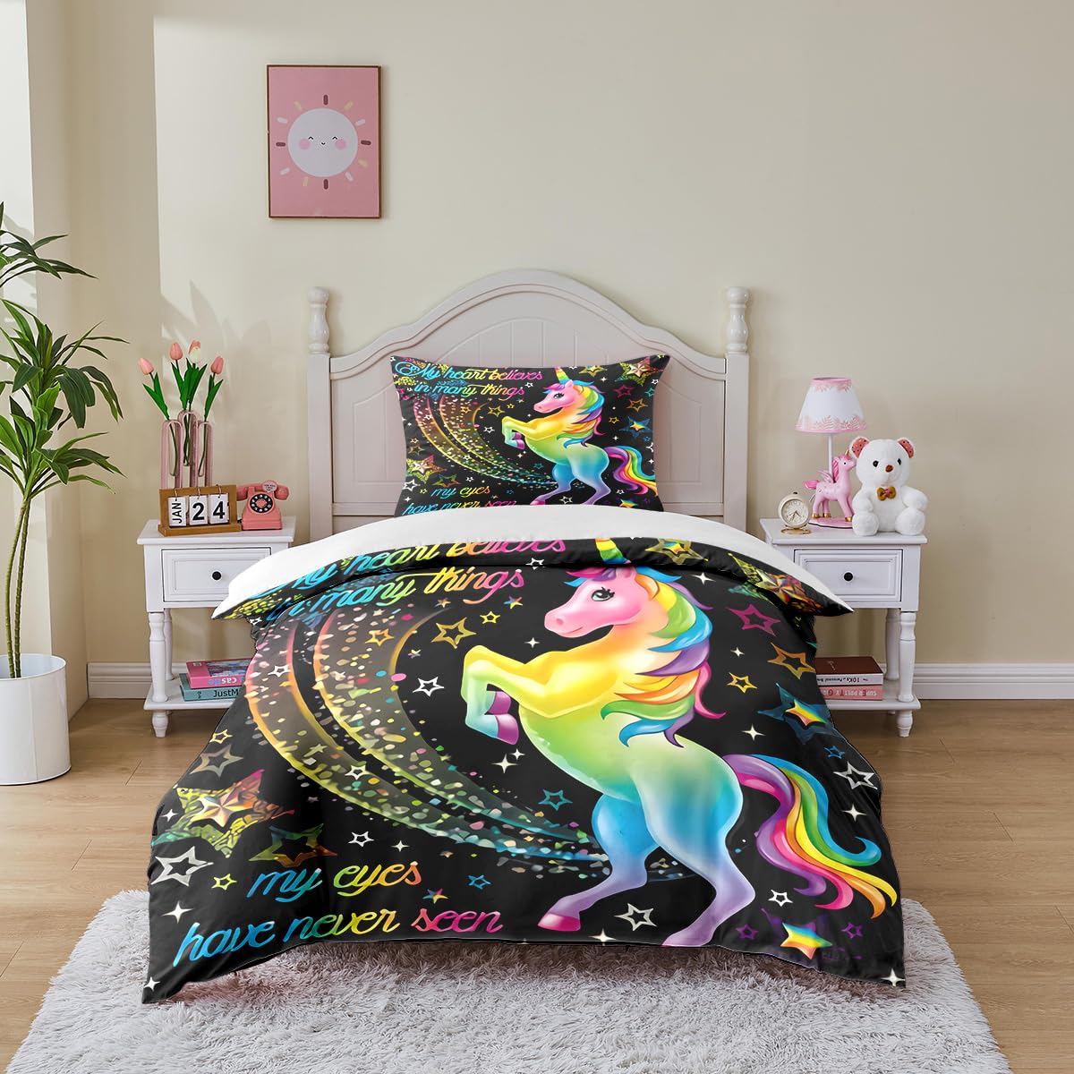 MUSOLEI Unicorn Bedding Set Kids Unicorn Single Duvet Cover and Pillowcase Children's Bedding Set Girls and Pillowcase Zipper Bed Cover Quilt Cover Gift (Black, Single)