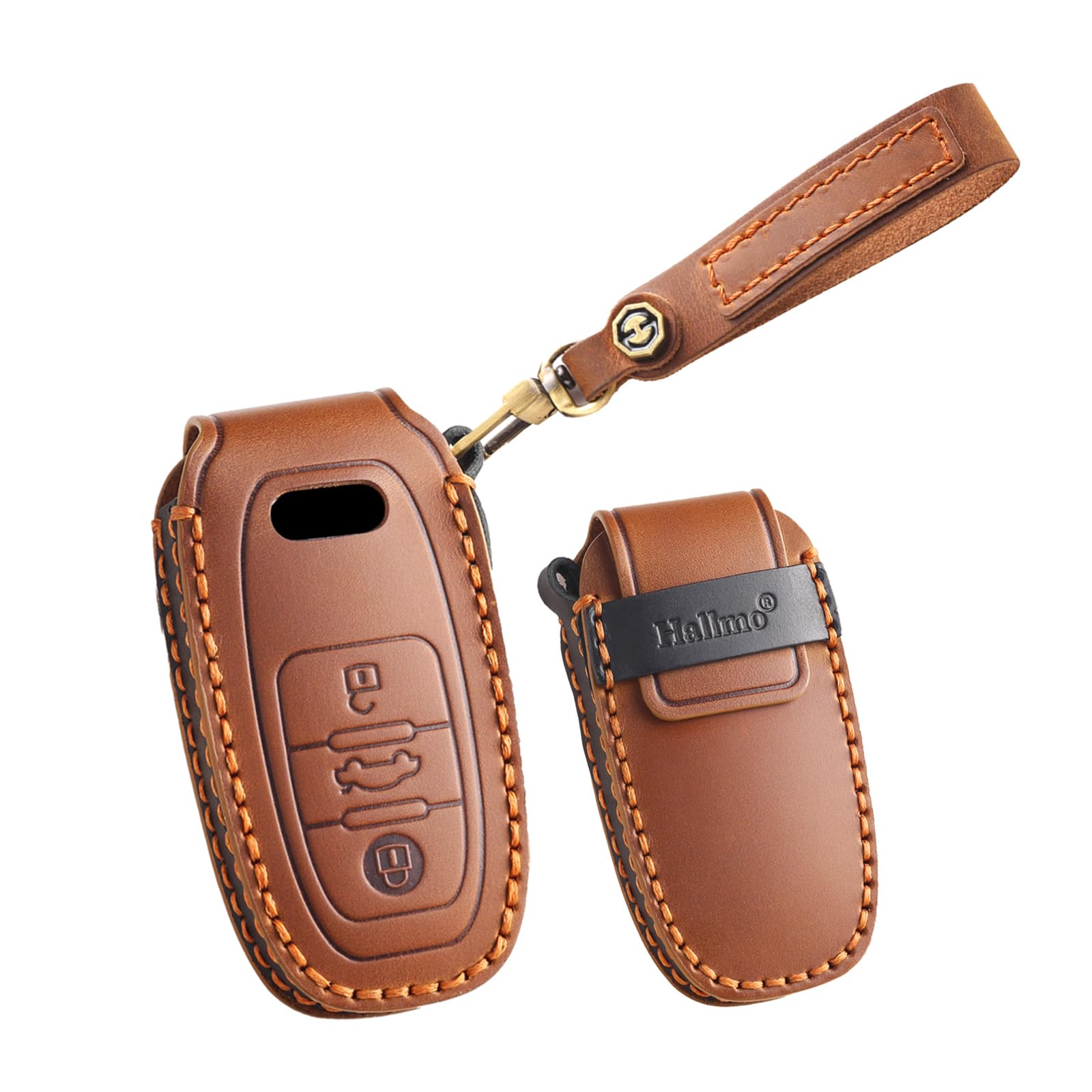 HIBEYO Leather Car Key Case Fits Audi A4 8K A5 8T 8F A6 A7 R8 Q5 8R A8 C5 C6 C7 FV TT TTS TTRS RS6 4F 4 Key Case Cover Protective Remote Key Box with Key Ring Brown