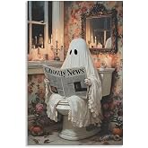 Venphude Ghost Bathroom Canvas Wall Art, Cute Ghost Reading Ghostly News on Toilet Poster, Pink Flowers Romantic Dark Academia Halloween Print, Gothic Spooky Wall Decor for Restroom 8x12in Unframed
