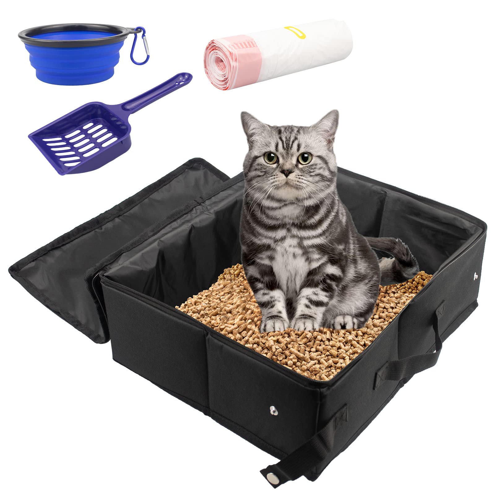 Travel Cat Litter Box, INUAN Foldable Portable Litter Box with Lid and Handle for Medium Cats and Kitties, Leak-Proof Lightweight Collapsible Cat Litter Carrier, Kitty Litter Box Waterproof