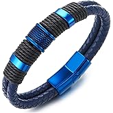 COOLSTEELANDBEYOND Men's Leather Bracelet, Braided Two-Row Band, Rope and Steel Charms, Modern Stylish