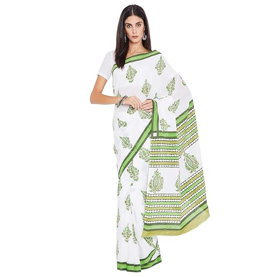Finest Quality Cotton - Handblock printed Green and White - Mughal motifs Saree with Blouse Piece BHKPSA0016