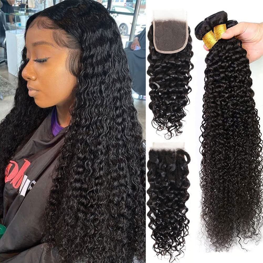 Water Wave Human Hair Bundles with Closure Free Part Wet and Wavy Bundles with Lace Closure (24 26 28+22) 10A Unprocessed Deep Curly Bundles Human Hair with 4x4 Lace Closure Natural Color — image 1