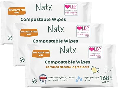 Naty Baby Wipes 98% Water Unscented Plant-Based 168 Count 3 Packs