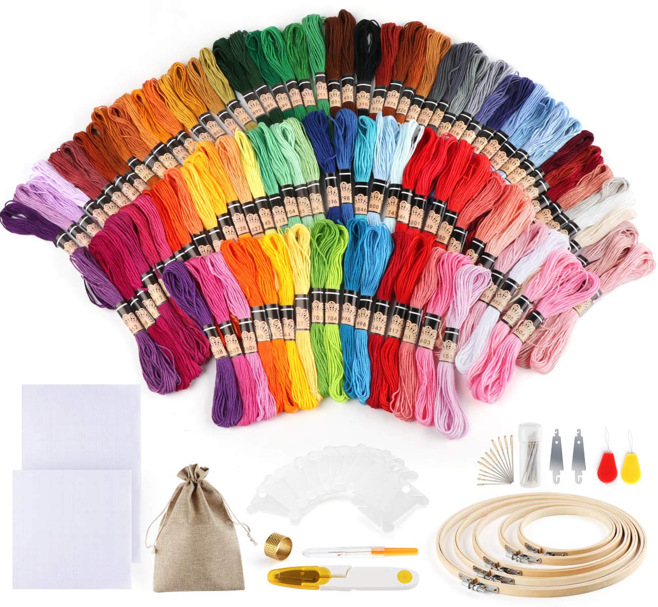 Homewit 100 Colours Embroidery Kit, Cross Stitch Starter Kit Embroidery Crafts Floss Embroidery Set + 5 Pieces Bamboo Embroidery Frame, 2 Pieces Cloth, Needles Set