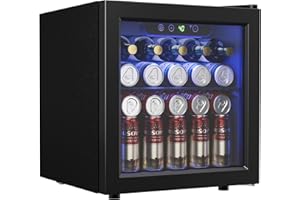 Icyglee 48 Can Beverage Refrigerator Cooler, Mini Fridge Glass Door with Adjustable Shelves, Freestanding Beverage Fridge with Blue LED for Home/Office/Dorm/Bar, 1.3 Cu.ft