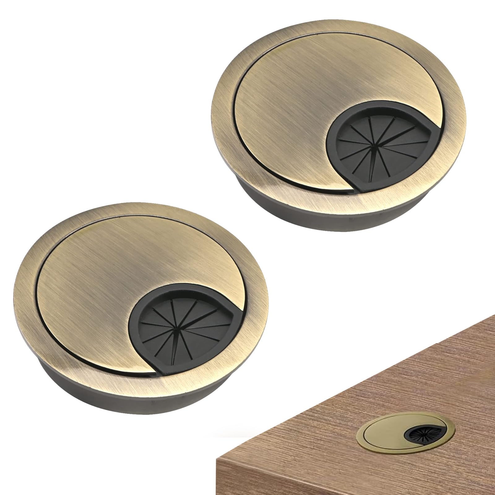 2PCS Desk Grommet 60mm, Desk Plug Hole Cover, Desk Cable Hole Cover, Desk Cable Grommets Cable Tidies, Bronze Round Hole Cover for Desktop Cable Organizer, Desk Table Grommet for Home and Office