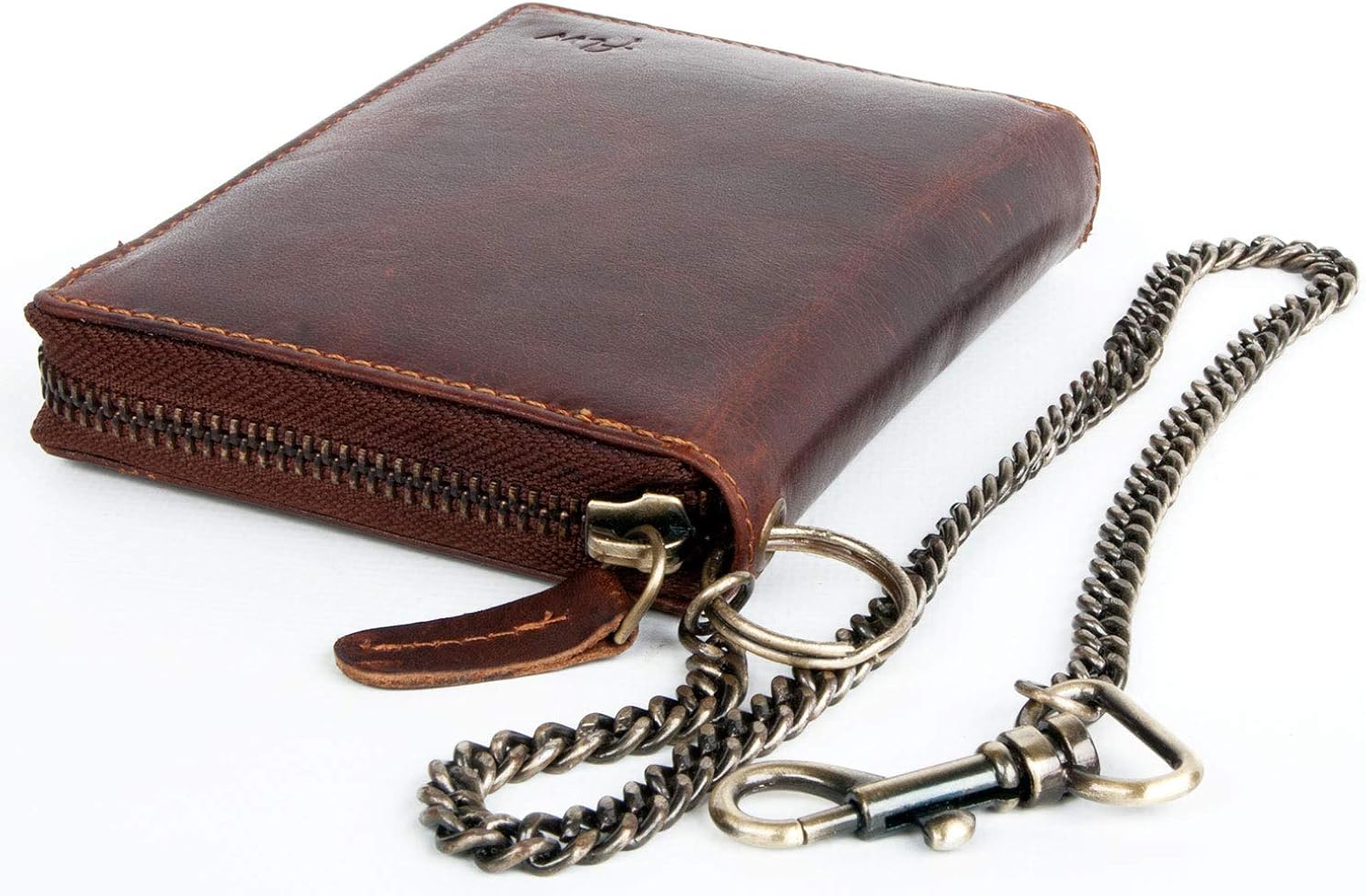FLW Men's Genuine Leather Biker's Wallet with Metal Chain to Hang, Tan - Image 3