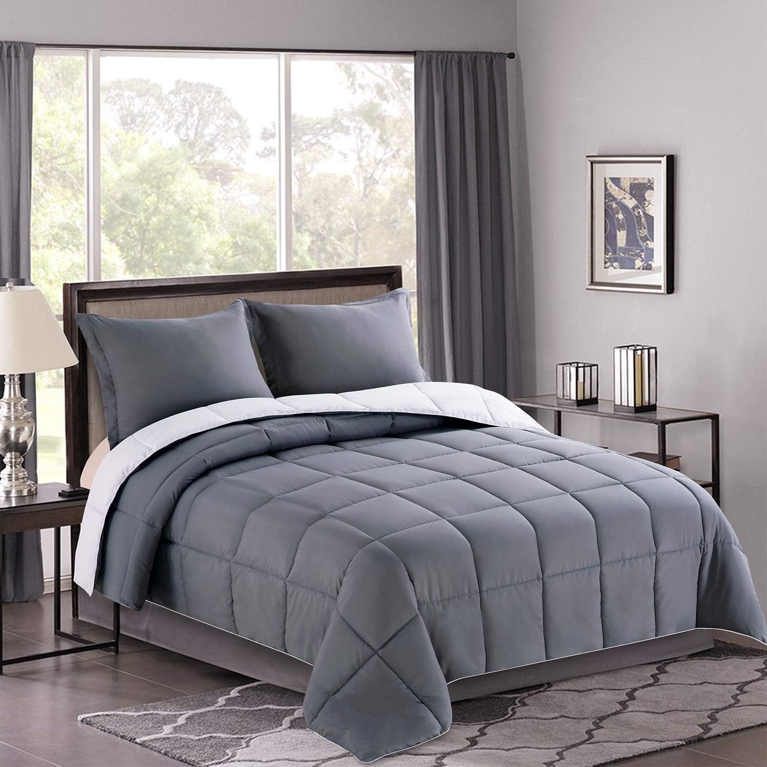 Homelike Moment Lightweight Comforter Set - Queen Gray All Season Down Alternative Comforter Set Summer Duvet Insert 3 Piece - 1 Comforter with 2 Shams Reversible Full/Queen Size Dark Gray/Light Grey: Home & Kitchen