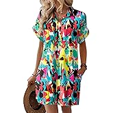 HOTOUCH Womens Summer Shirt Dress 2026 Short Sleeve Floral Shift Dress Casual Loose Flowy Beach Sundress with Pockets