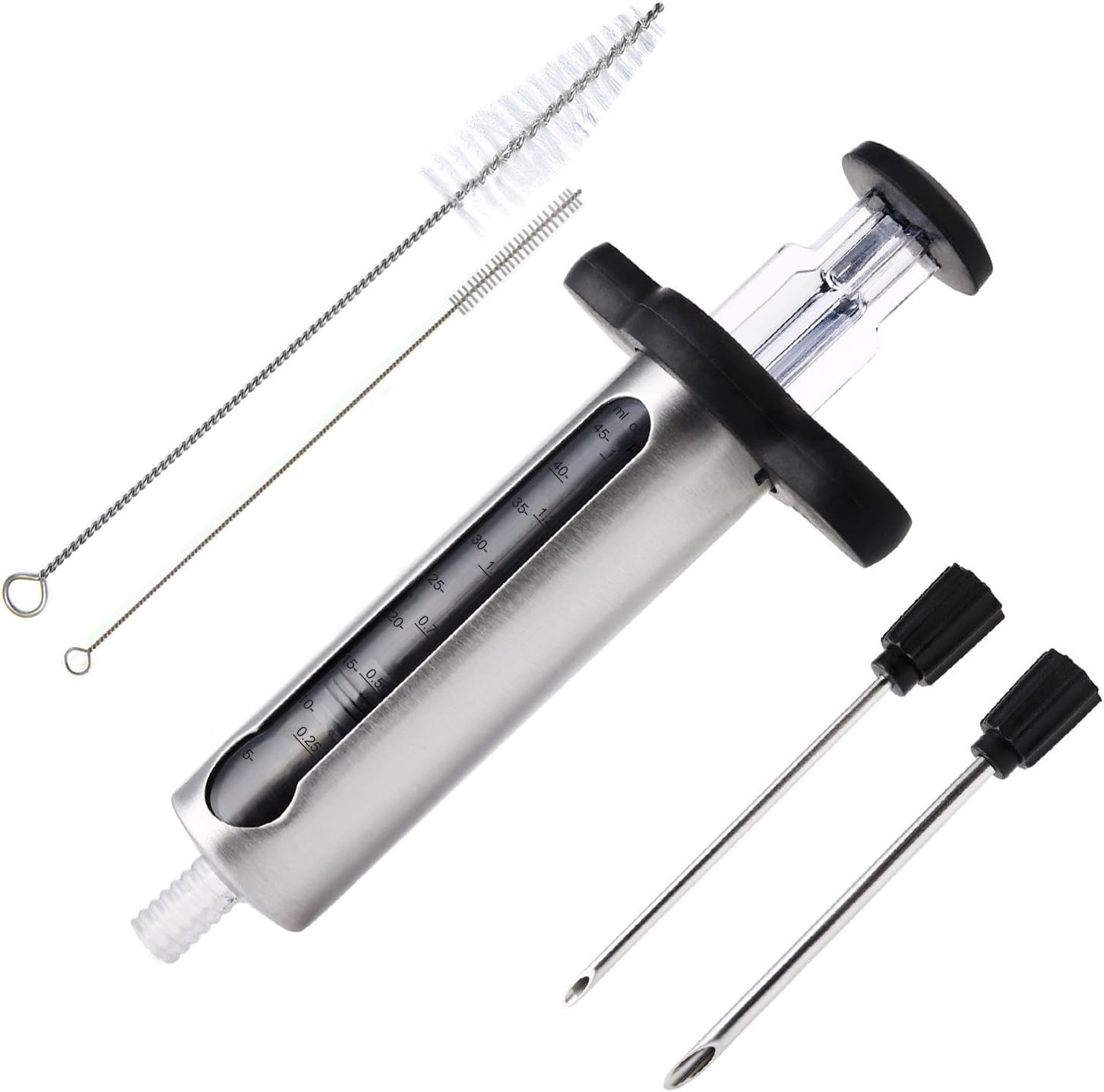 KAYCROWN Best Utensils Meat Injector Stainless Steel Marinade Flavor Injector Kit with 2 Professional Marinade Needles and See-Thru Window with Measurement, Bonus Cleaning Brushes