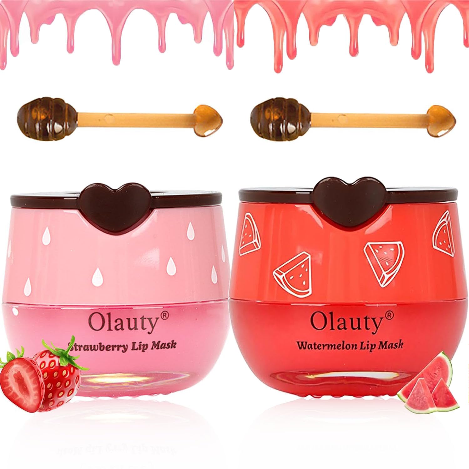 2Pcs Bee Balm Lip Balm Honey Pot, Strawberry & Watermelon Moisturising Lip Mask to Reduce Lip Lines, Sleeping Lip Mask with Sticks, Hydrate Prevent Dry & Cracked Lips Honey Lip Balm