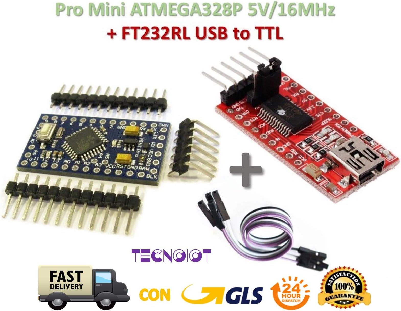 TECNOIOT Pro Mini Atmega 328P 5V/16MHz + FTDI FT232RL USB a TTL Serial Converter