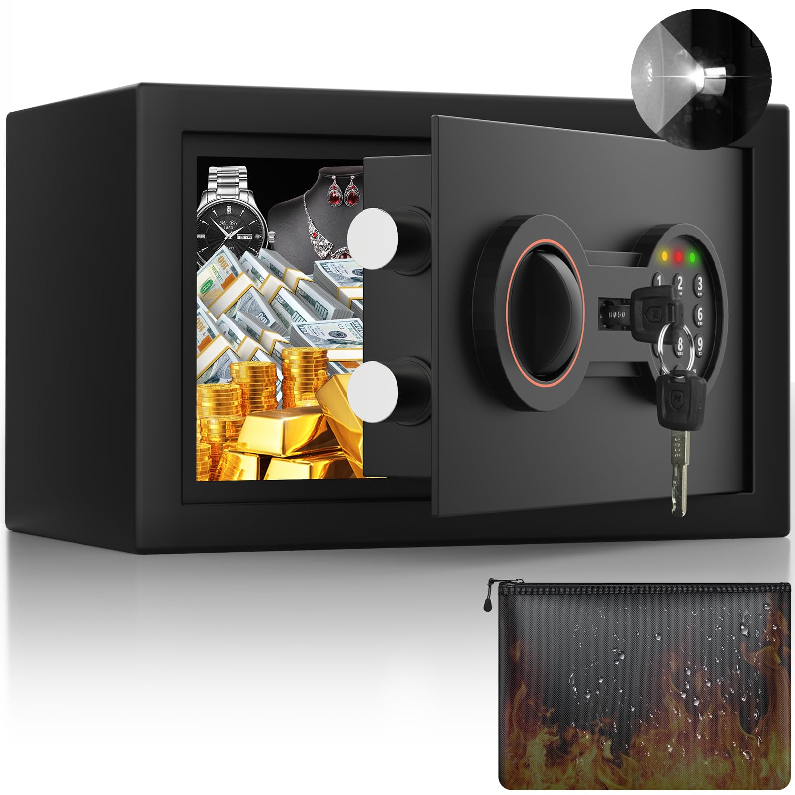 Photo 1 of Small Safe Box, 0.3 Cuft Home Safe with Fireproof Waterproof Bag for College Dorm Room, Digital Money Box with Electronic Keypad, Spare Keys and Alarm System, Hidden Safes for Cash, Jewelry, Medicine