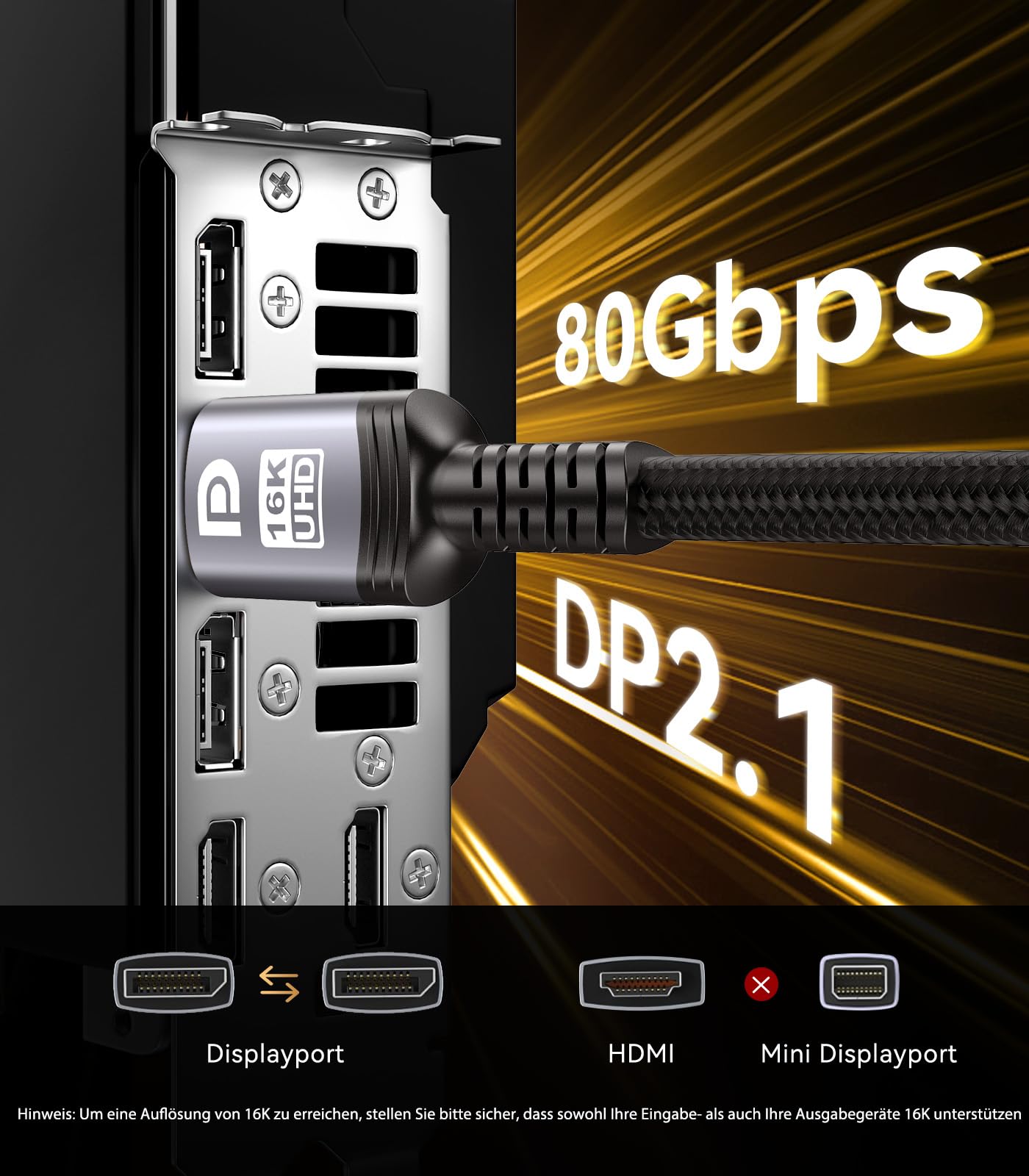 Sniokco 80Gbps DisplayPort Kabel 2.1 1.5M, VESA-Zertifiziert DP Kabel für 16K@60Hz 8K@240Hz 4K@540Hz 360Hz 240Hz Kompatibel mit HDR HDCP 2.3 DSC FreeSync G-Sync Grafikkarten RTX 5090 4090 PC 6